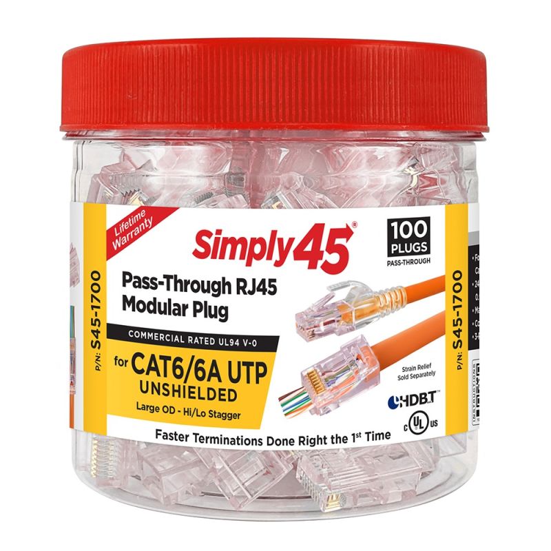 Simply45 S45-1700 – Cat6/6a Unshielded Pass-Through RJ45 Modular Plugs 100 pc/Jar