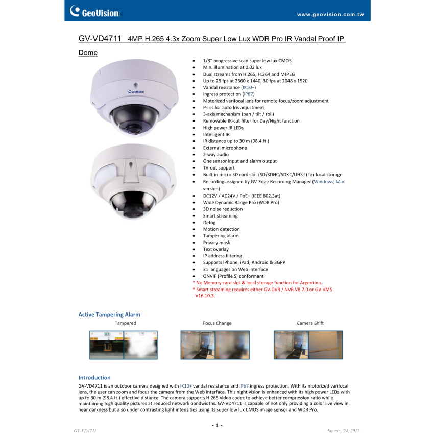 Geovision GV-VD4711 4MP H.265 4.3x Zoom Super Low Lux WDR Pro IR Vandal Proof IP Dome (2.8 ~ 12mm)