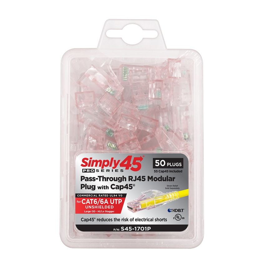 Simply45 S45-1701P – ProSeries Cat6/6a Unshielded Pass-Through RJ45 Modular Plugs with Cap45® 50 pc Clamshell