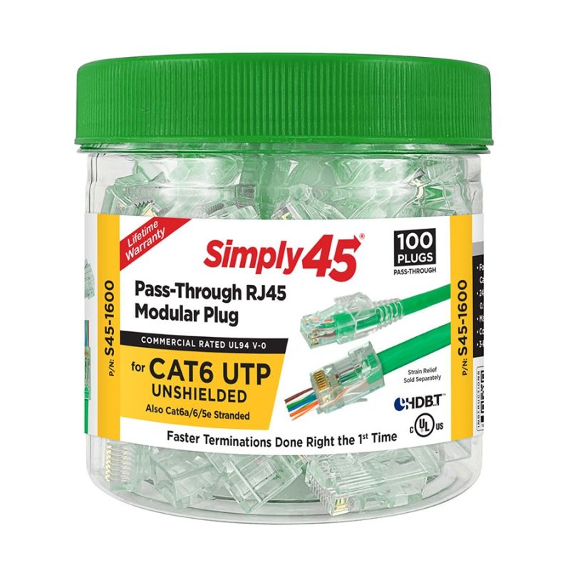 Simply45 S45-1600 – Simply45® Cat6 Unshielded Pass-Through RJ45 Modular Plugs 100 pc/Jar