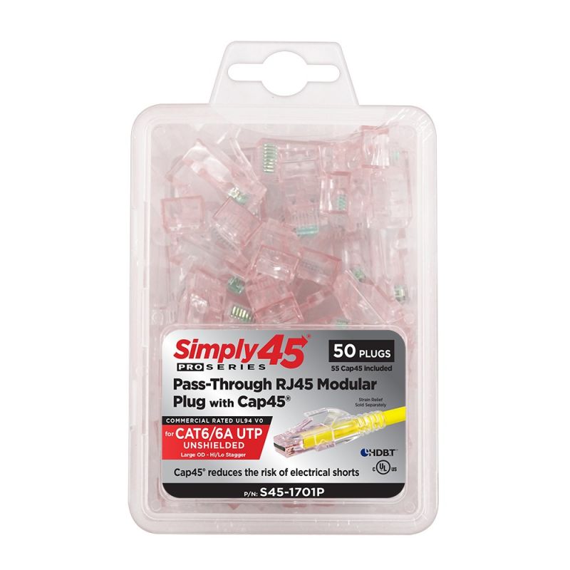 Simply45 S45-1701P – ProSeries Cat6/6a Unshielded Pass-Through RJ45 Modular Plugs with Cap45® 50 pc Clamshell