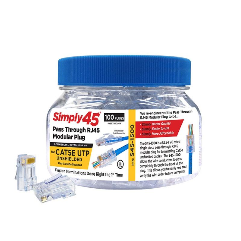 Simply45 S45-1500 – Simply45® Cat5e Unshielded Pass-Through RJ45 Modular Plugs 100 pc/Jar