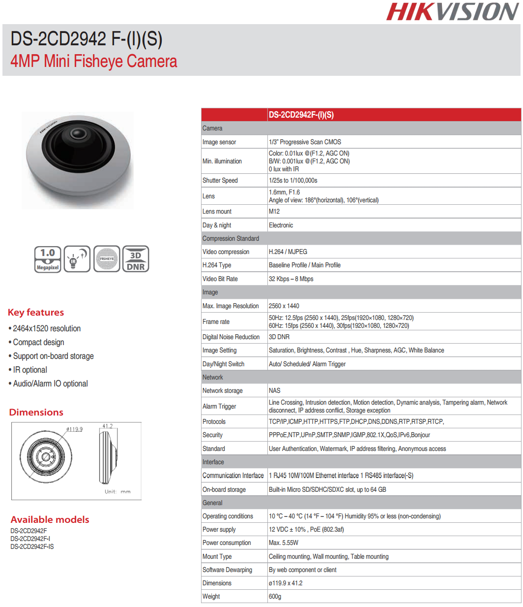 Hikvision DS-2CD2942F-IS Specifications Picture