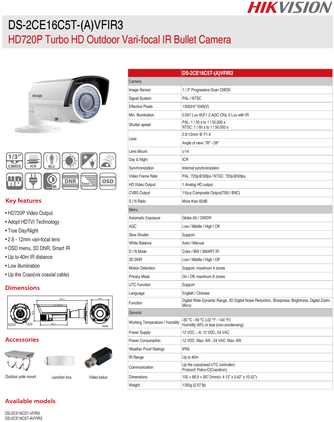 Hikvision DS-2CE16C5T-VFIR3 Specifications Picture